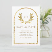 Save The Date Couronne de laurier doré feuilles blanches mariage (Debout devant)