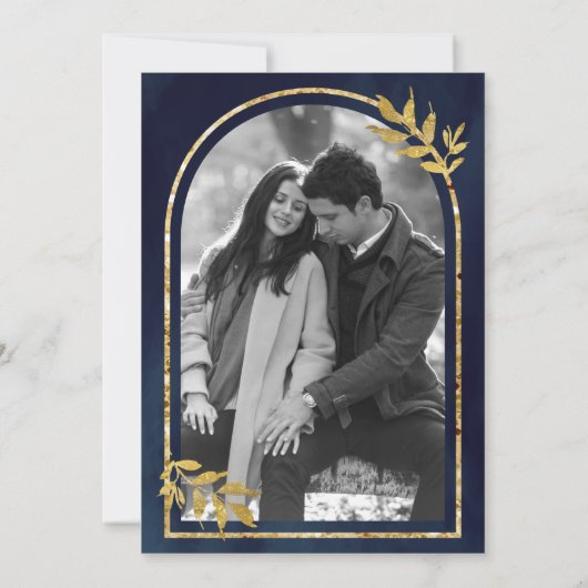 Save The Date Couronne de laurier doré Feuilles Bleu marine Mari (Dos)