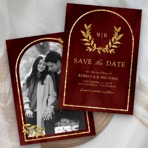 Save The Date Couronne de laurier doré feuilles bordeaux rouge m
