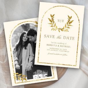 Save The Date Couronne de laurier doré Feuilles Crème Mariage
