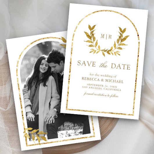 Save The Date Couronne de laurier doré Feuilles Mariage Blanc