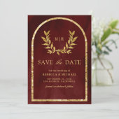 Save The Date Couronne de laurier doré Feuilles Rouge Bourgogne  (Debout devant)