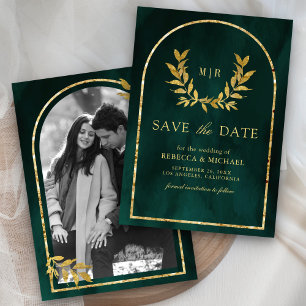 Save The Date Couronne de laurier doré feuilles vert émeraude ma