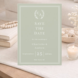 Save The Date Couronne de mariage en monogramme vert sauge