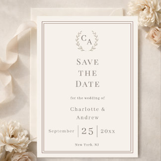 Save The Date Couronne de mariage en taupe ivoire monogramme