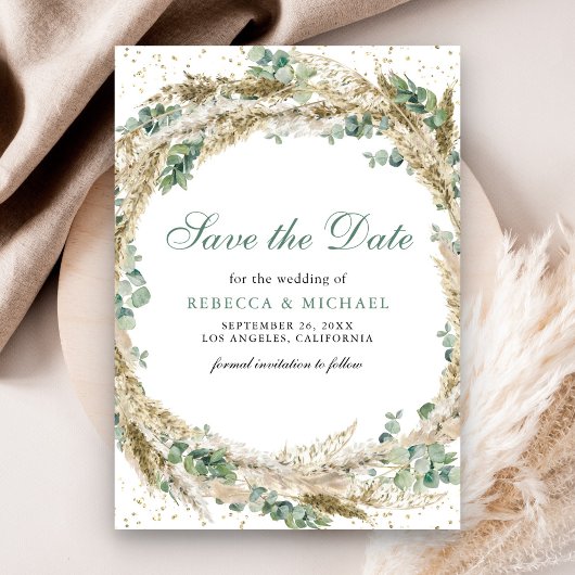 Save The Date Couronne de mariage rustique boho pampas eucalyptu