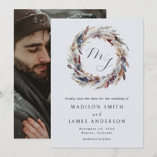 Save The Date Couronne de monogramme de plumes Boho Mariage d'hi