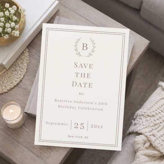 Save The Date Couronne de monogramme taupe ivoire pour annoncer 