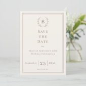 Save The Date Couronne de monogramme taupe ivoire pour annoncer  (Debout devant)