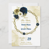 Save The Date couronne Extraordinaire d'or fleuri en ivoire bleu (Devant)