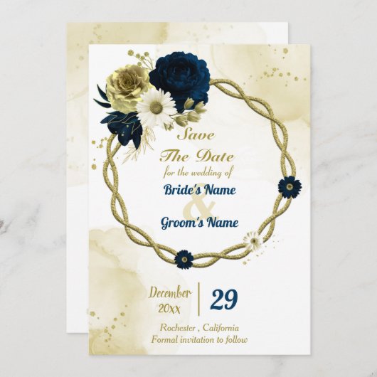 Save The Date couronne Extraordinaire d'or fleuri en ivoire bleu (Devant / Derrière)