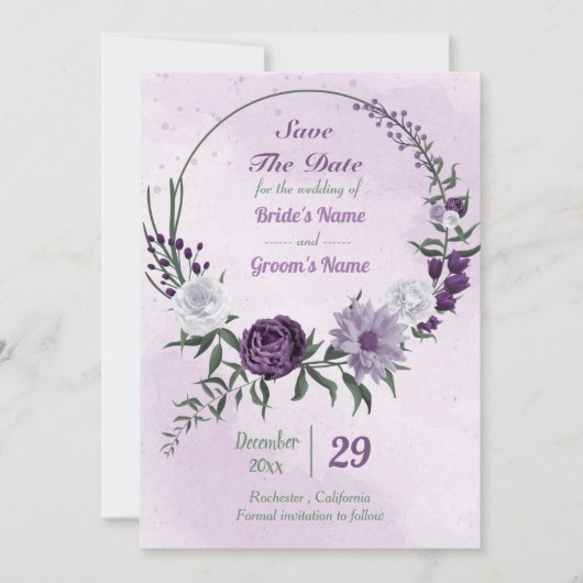 Save The Date couronne fleurie violette et blanche (Devant)