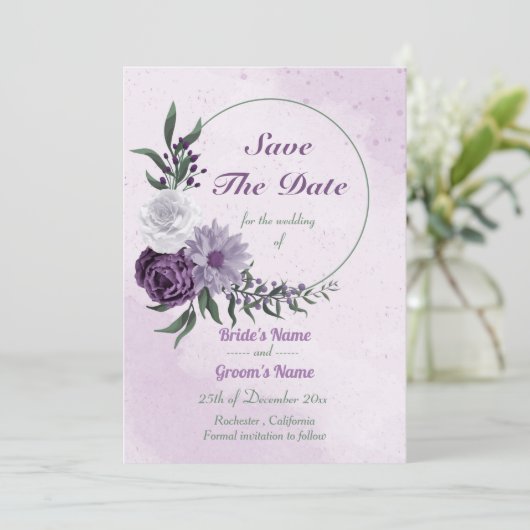 Save The Date couronne fleurie violette et blanche (Debout devant)