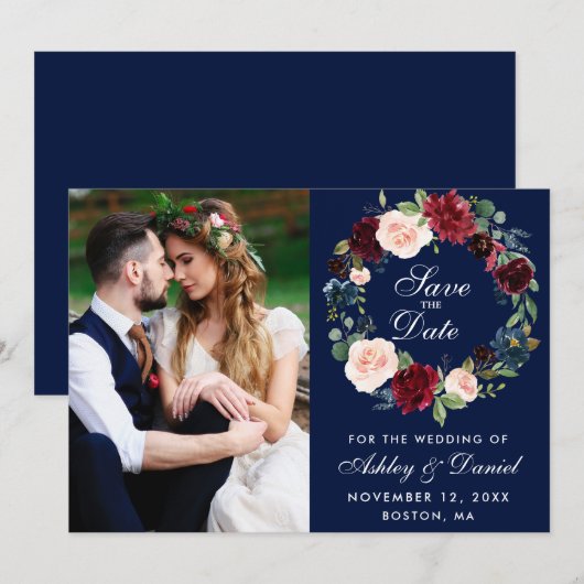 Save The Date Couronne florale aquarelle bleue Bourgogne mariage (Devant / Derrière)