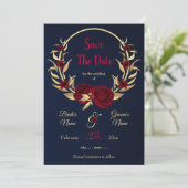 Save The Date couronne florale bordeaux & or bleu marine (Debout devant)