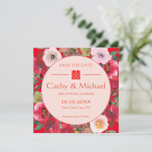 Save The Date Couronne florale rouge fleurs mariage chinois