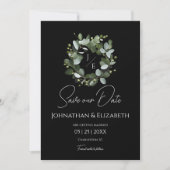 Save The Date Couronne Monogramme Eucalyptus moderne | Black (Devant)