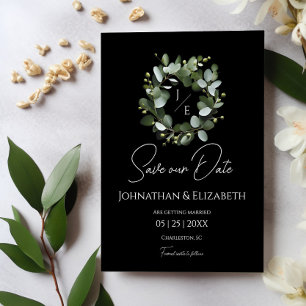 Save The Date Couronne Monogramme Eucalyptus moderne Black