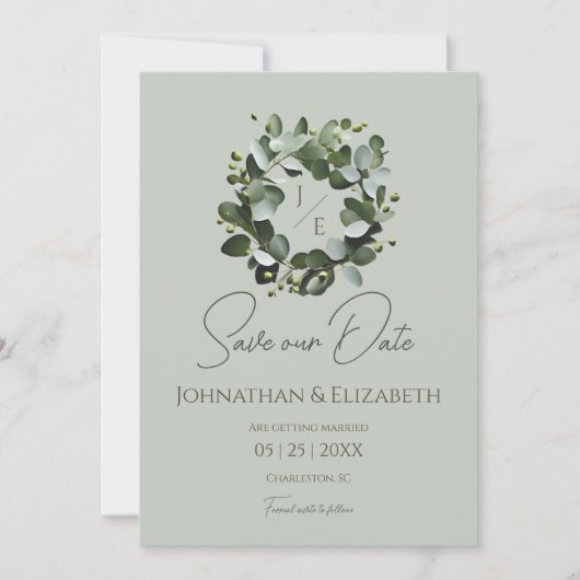 Save The Date Couronne Monogramme Eucalyptus moderne | Vert sage (Devant)