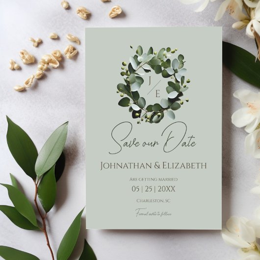 Save The Date Couronne Monogramme Eucalyptus moderne | Vert sage