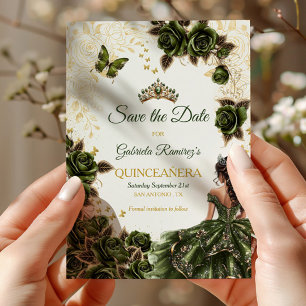 Save The Date Couronne papillon Quinceañera vert émeraude doré