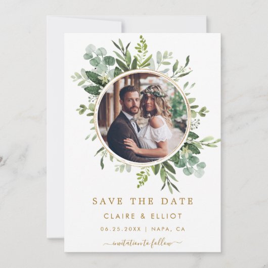 Save The Date Couronne verte de botanique dorée pour mariage (Devant)