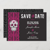 Save The Date Crâne à sucre en dentelle rose chaud Enregistrer l (Devant / Derrière)