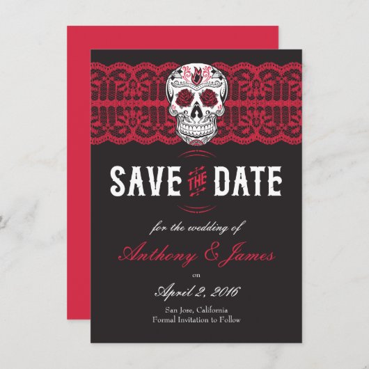 Save The Date Crâne à sucre en dentelle rouge Enregistrer les da (Devant / Derrière)