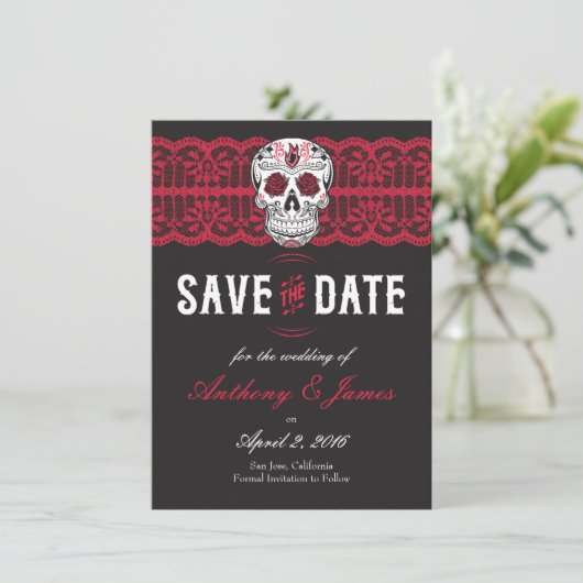 Save The Date Crâne à sucre en dentelle rouge Enregistrer les da (Debout devant)