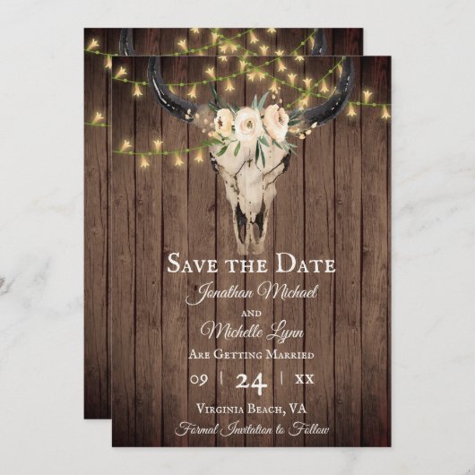 Save The Date Crâne boho rustique et lumières sur Mariage bois (Devant / Derrière)