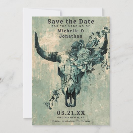 Save The Date Crâne de vache rustique Boho floral Mariage occide (Devant)