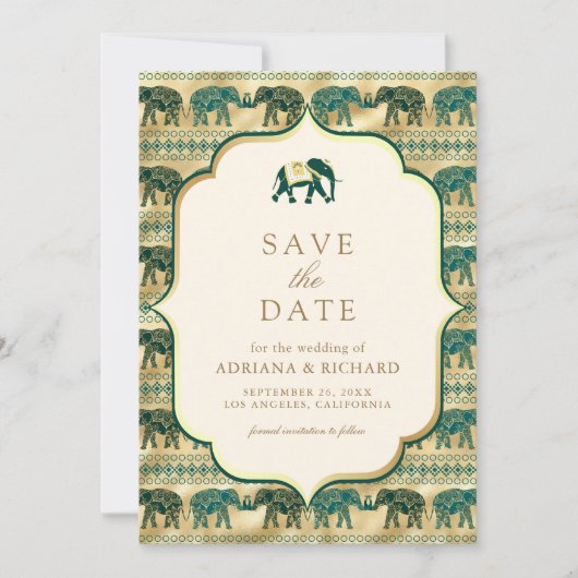 Save The Date Cream Emerald Gold Elephant Mariage indien Photo (Devant)