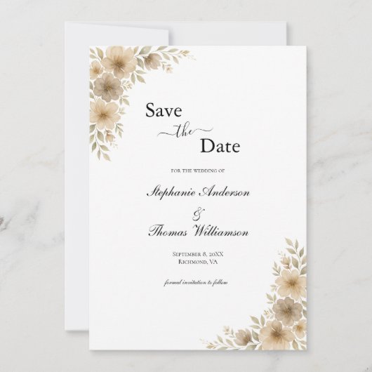 Save The Date Crème beige Gris Floral élégant Code QR moderne (Devant)