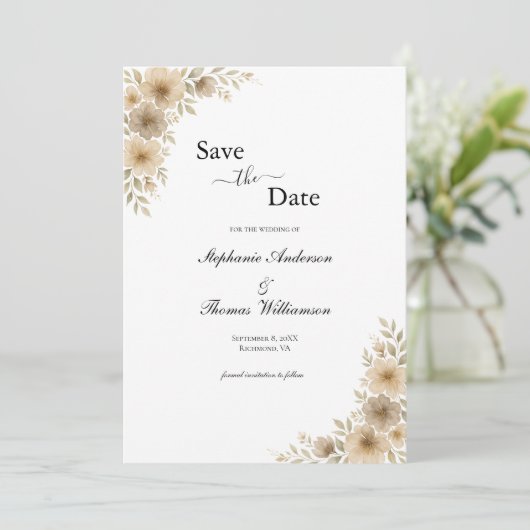 Save The Date Crème beige Gris Floral élégant Code QR moderne (Debout devant)