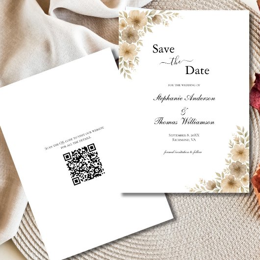 Save The Date Crème beige Gris Floral élégant Code QR moderne