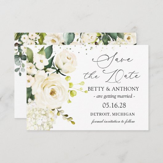 Save The Date Crème blanche Roses Hydrangea Mariage Enregistrer  (Devant / Derrière)