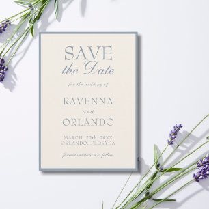 Save The Date Crème Bleu Poussiéreux Argent Ancien Élégant Maria
