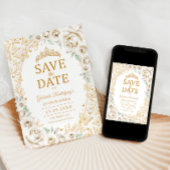 Save The Date Crème Or Fleur Quinceanera