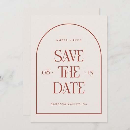Save The Date Crème & Terracotta Arc Rétro Minimale Police Moder (Devant / Derrière)