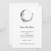 Save The Date Crescent Bleu Lune avec Mariage Fleurs Blanches (Devant / Derrière)