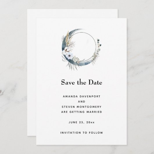 Save The Date Crescent Bleu Lune avec Mariage Fleurs Blanches (Devant / Derrière)