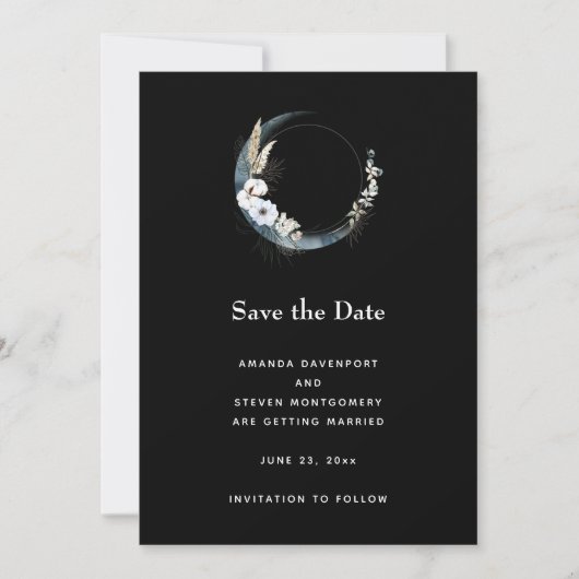 Save The Date Crescent Bleu Lune avec Mariage Fleurs Blanches (Devant)