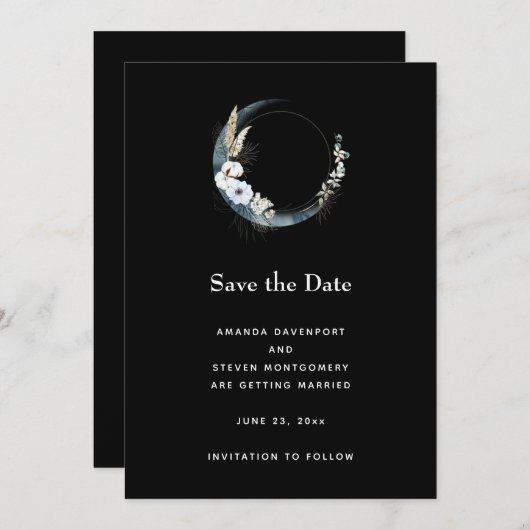 Save The Date Crescent Bleu Lune avec Mariage Fleurs Blanches (Devant / Derrière)