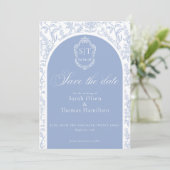 Save The Date Crest Monogram Blue Chinoiserie Floral Script (Debout devant)