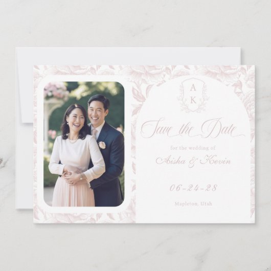 Save The Date Crest Monogram Blush Pink Script Photo (Devant)