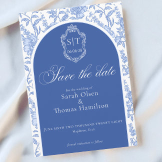 Save The Date Crest Monogram Delft Blue Floral Script