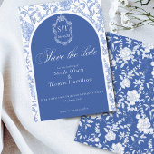 Save The Date Crest Monogram Delft Blue Floral Script