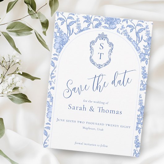 Save The Date Crest Monogram Delft Blue Floral Script