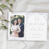 Save The Date Crest Monogram Dusty Blue Script Photo