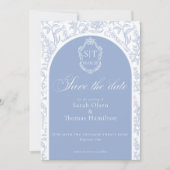 Save The Date Crest Monogramme Bleu Chinoiserie Floral Script (Devant)